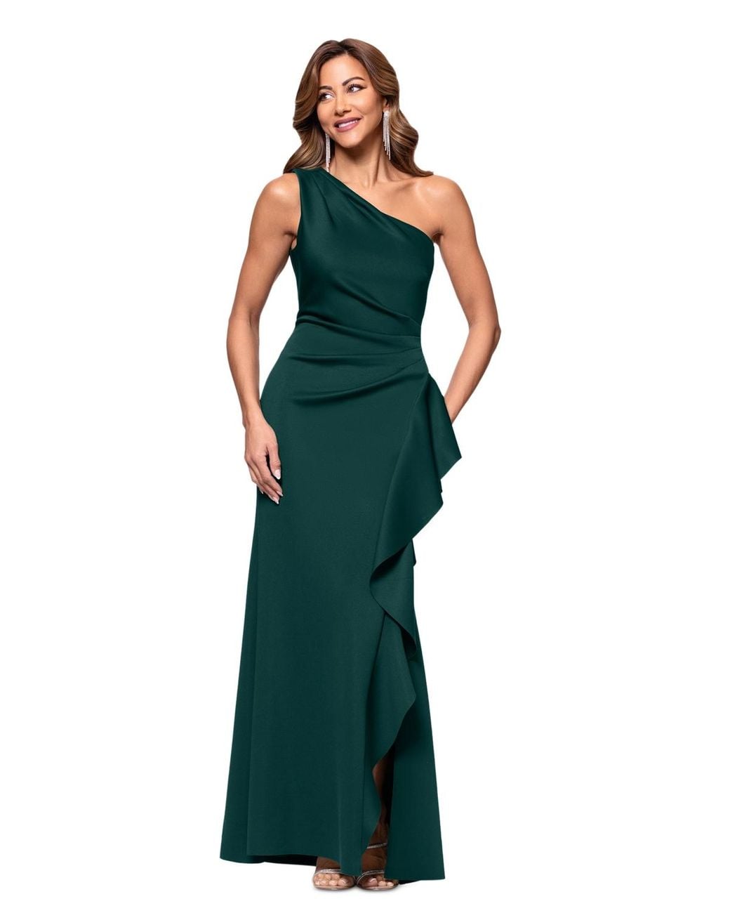 Xscape Ruffled One-shoulder Scuba Gown in Green | Lyst