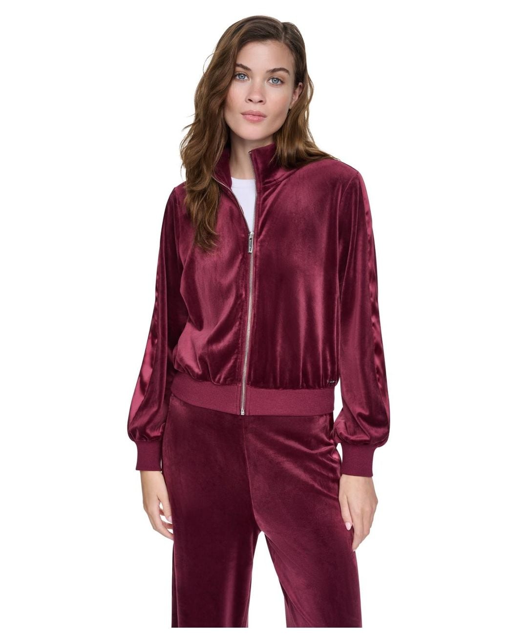 DKNY Red Petite Mock-neck Zip-front Jacket