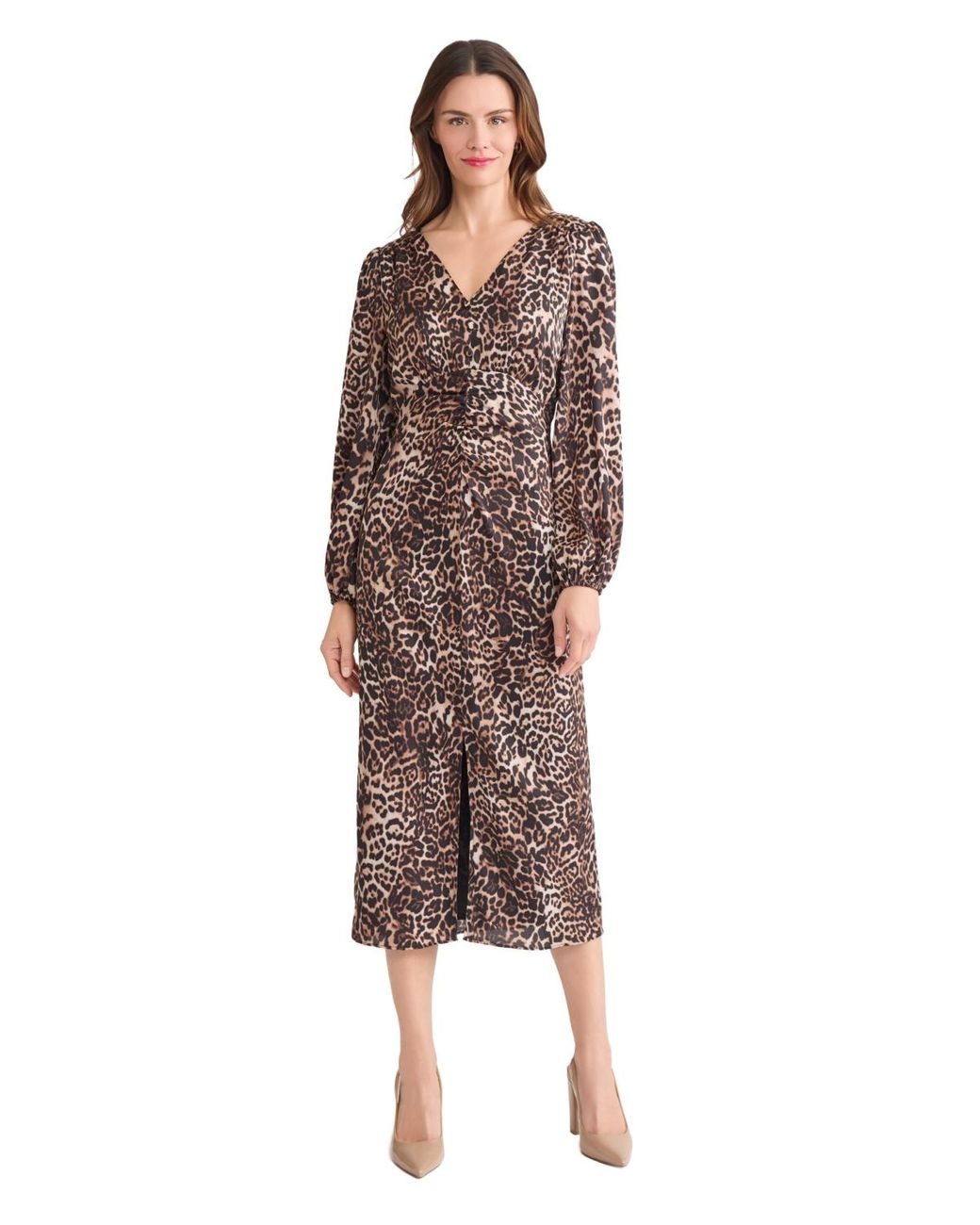 Jones New York Long Sleeve Shirred Front Slit Midi Dress in Brown | Lyst