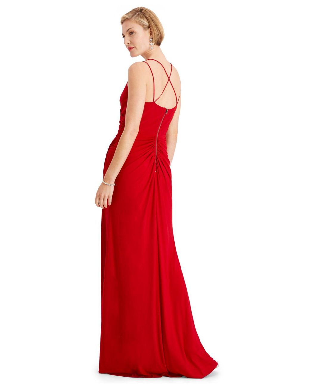Adrianna Papell Synthetic Sleeveless Front Slit Ruched Gown in Red | Lyst