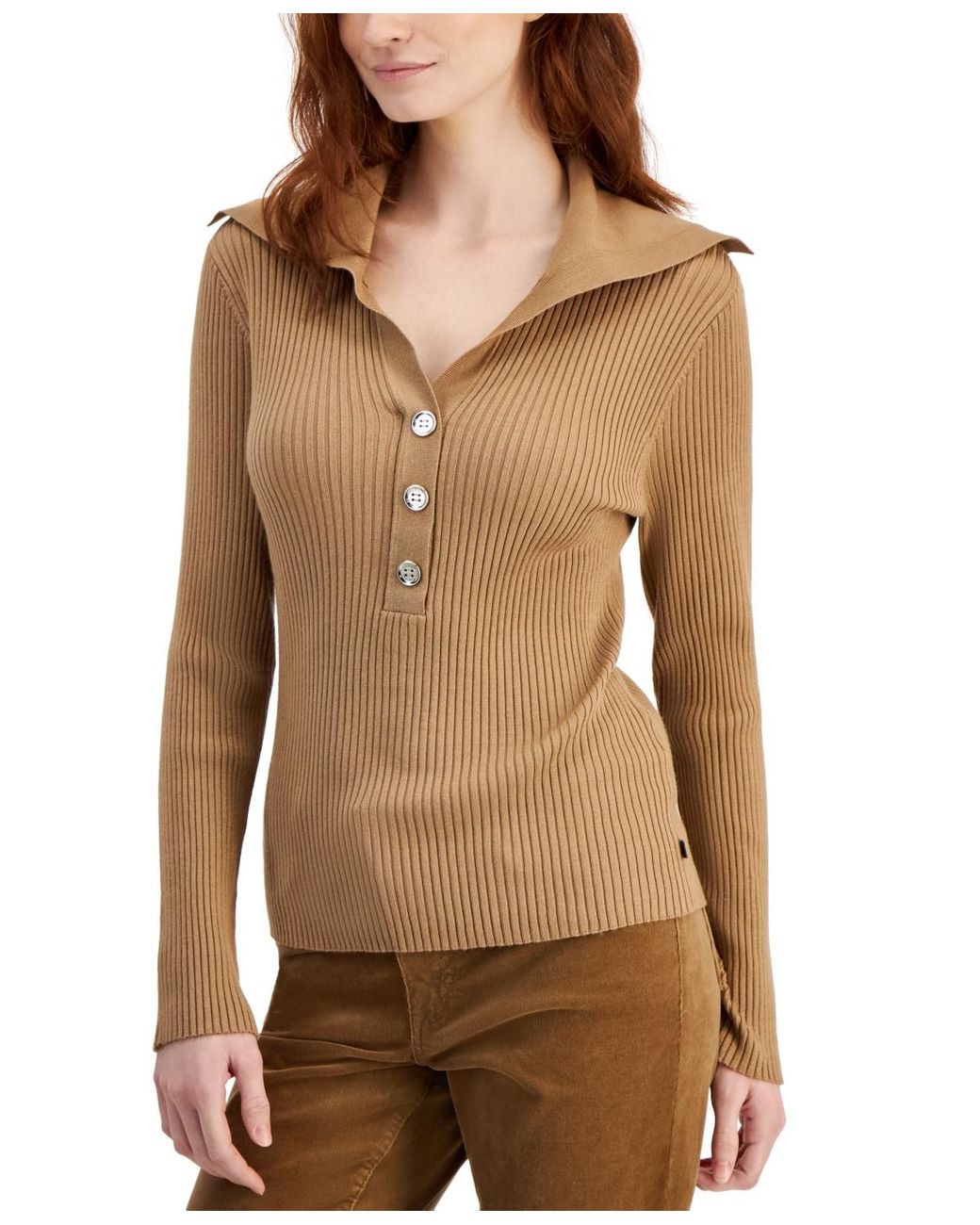 Tommy Hilfiger Split-neck Ribbed-knit Button Sweater in Brown | Lyst