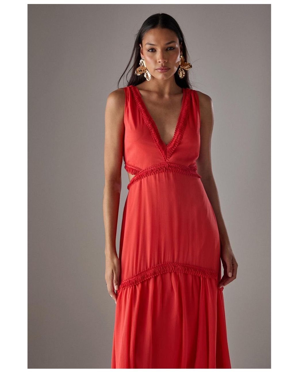 Warehouse Red Chiffon Fringe Trim Cut Out Maxi Dress