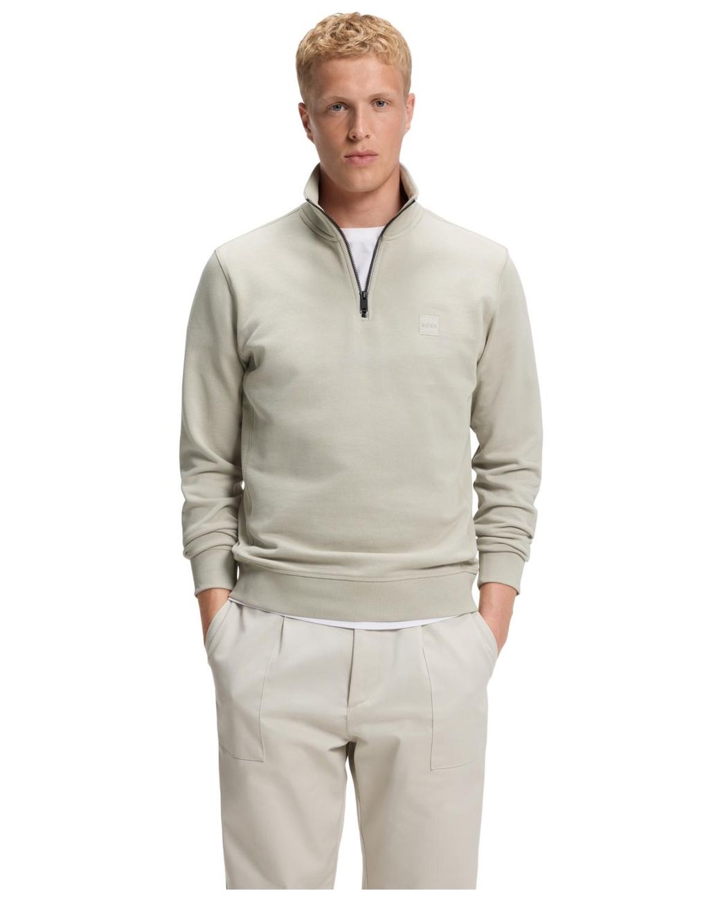 Boss Gray Boss By Logo Patch Zip-neck Sweatshirt for men