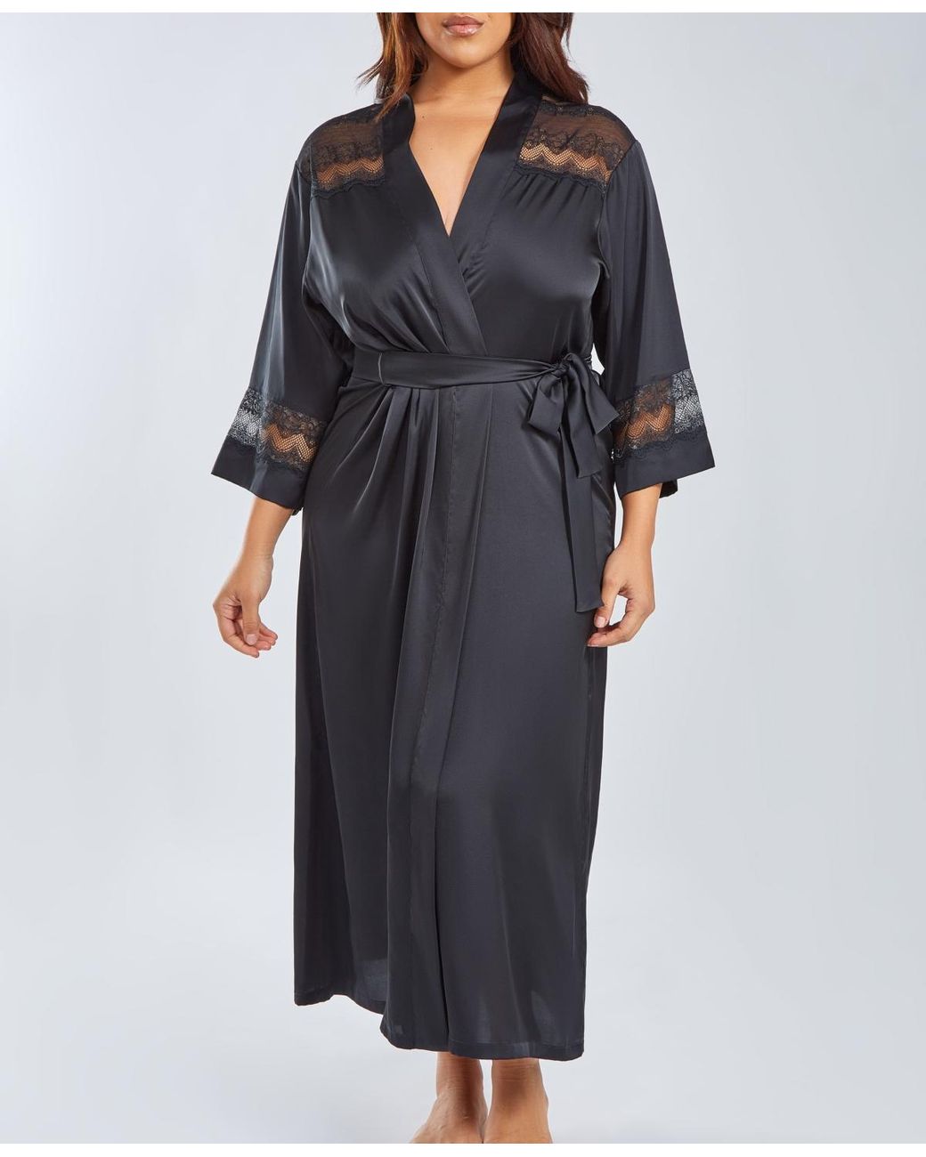 iCollection Plus Size Silky Stretch Satin Long Robe in Black | Lyst