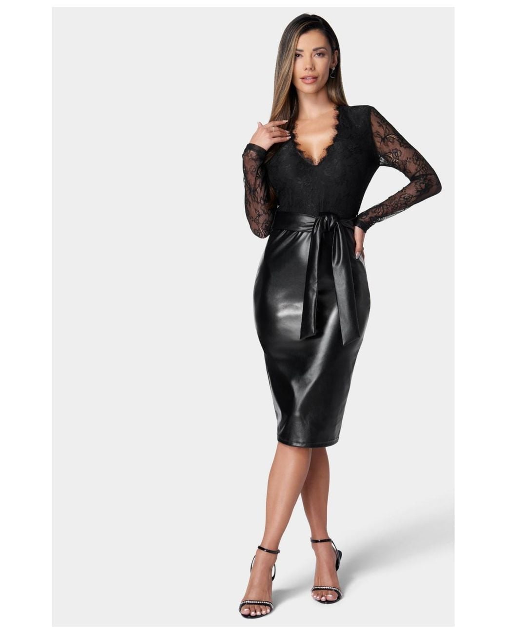 slim fit dress slacks Bebe Women's Faux Leather Lace Inset Flare Dress main image 0