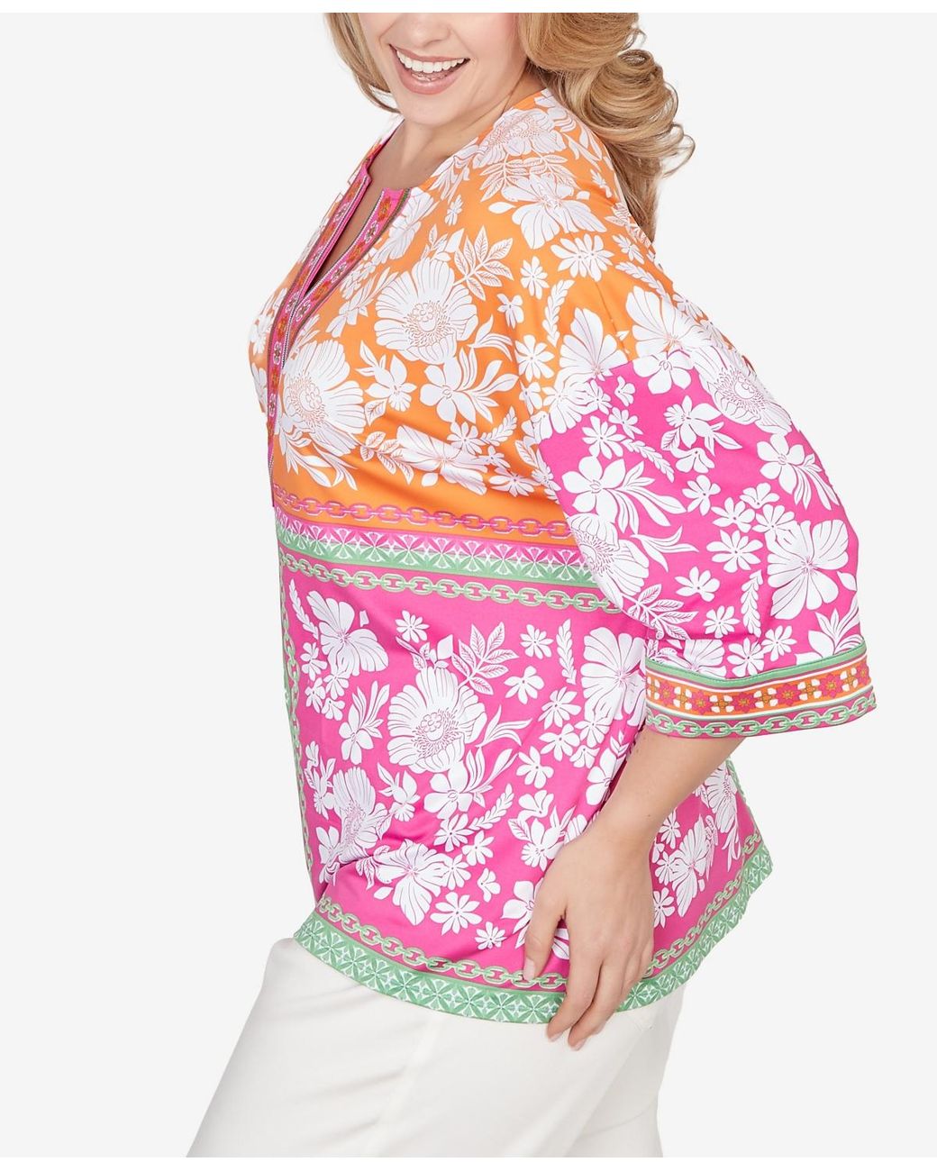 Ruby Rd Pink Plus Size Embroidered Placket Patchwork Knit Top