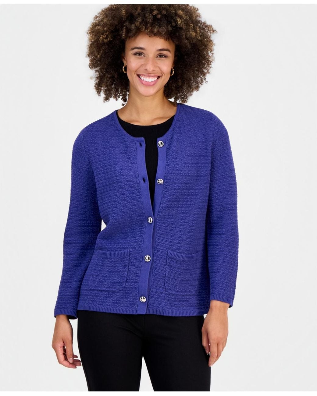 Kasper Blue Collarless Button-front Cardigan