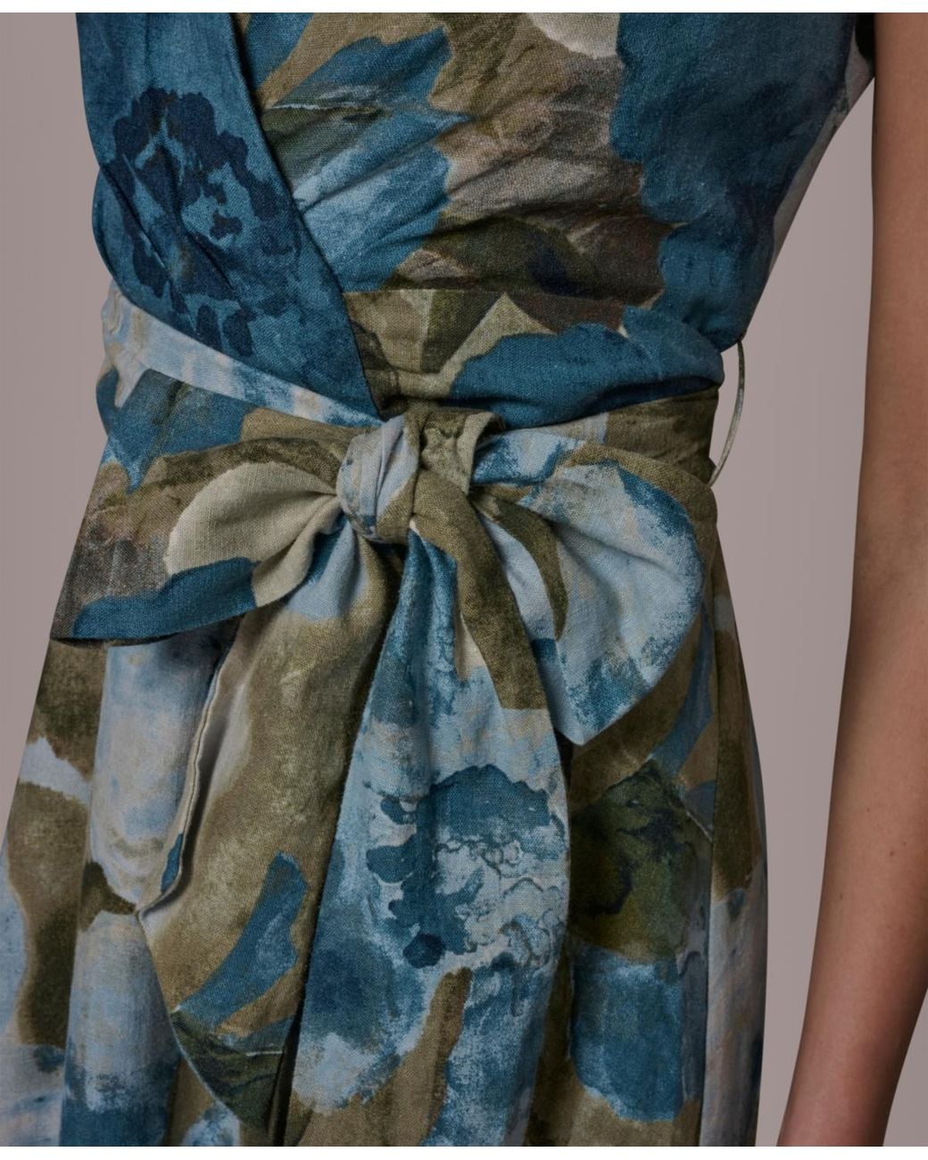 Donna Karan Blue Sleeveless Floral Faux Wrap A-line Dress