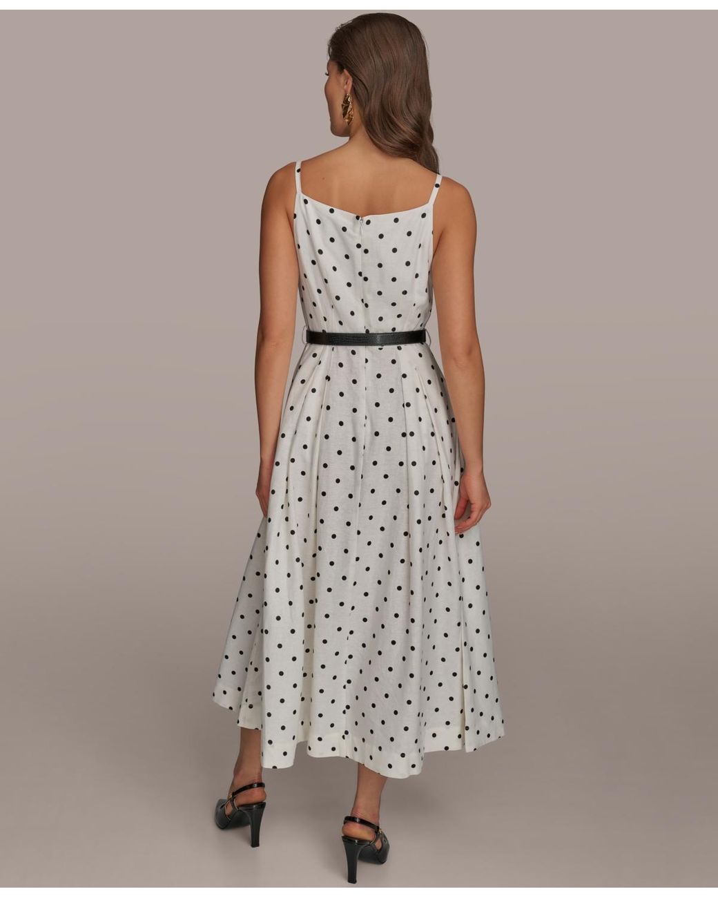 【Donna Karan New York】Linen-Blend Polka-Dot A-Line Dress Donna Karan Linen-blend Polka-dot A-line Dress in Brown | Lyst