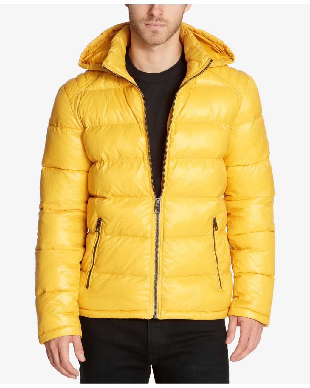 Guess Synthetic Hooded Puffer Coat in Yellow for Men - Lyst