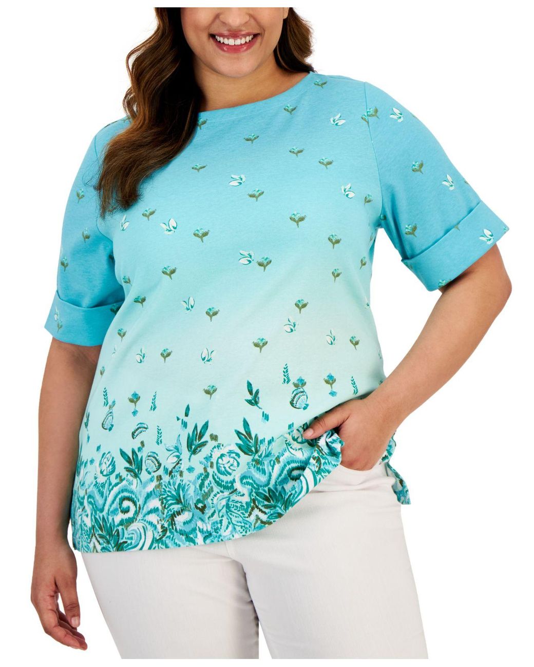Karen Scott Plus Size Elbow-sleeve Boatneck Top, Created For Macy's in Blue  | Lyst