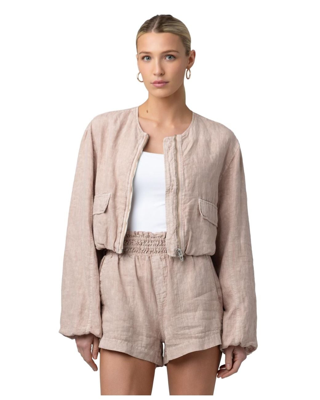 Blank NYC Natural Collarless Zipper Jacket