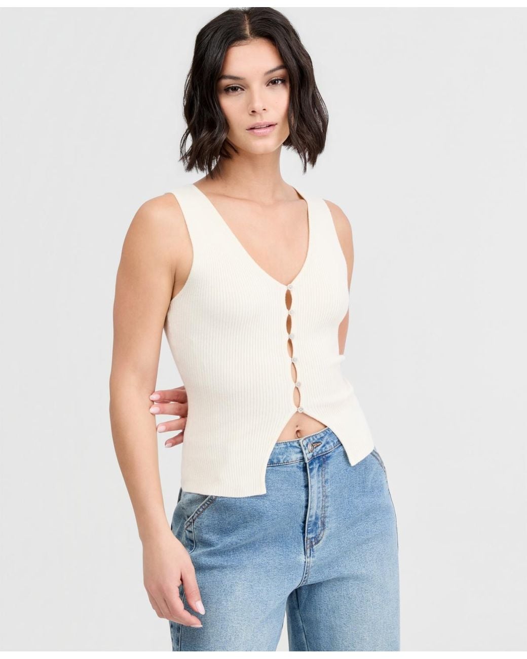 BarIII Blue Ribbed Button-front Top