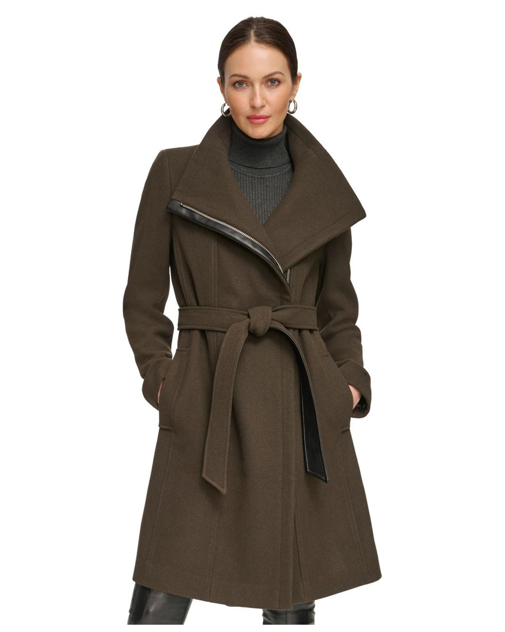 DKNY Asymmetrical Belted Funnel neck Wool Blend Coat in Green Lyst