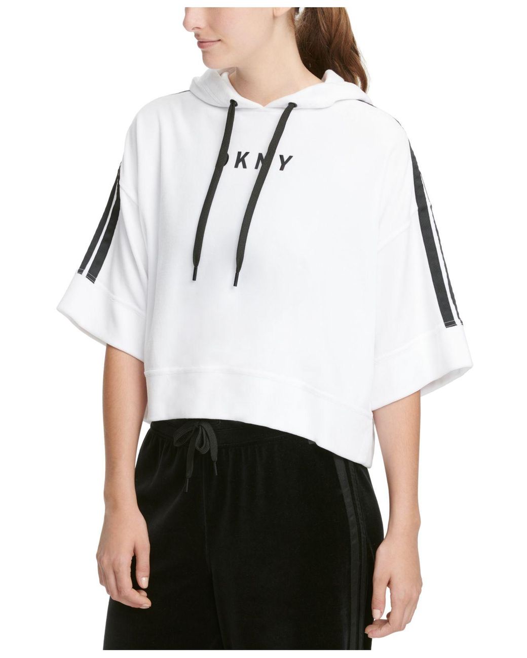 DKNY Cotton Sport Logo Bell-sleeve Velour Cropped Hoodie in White - Lyst