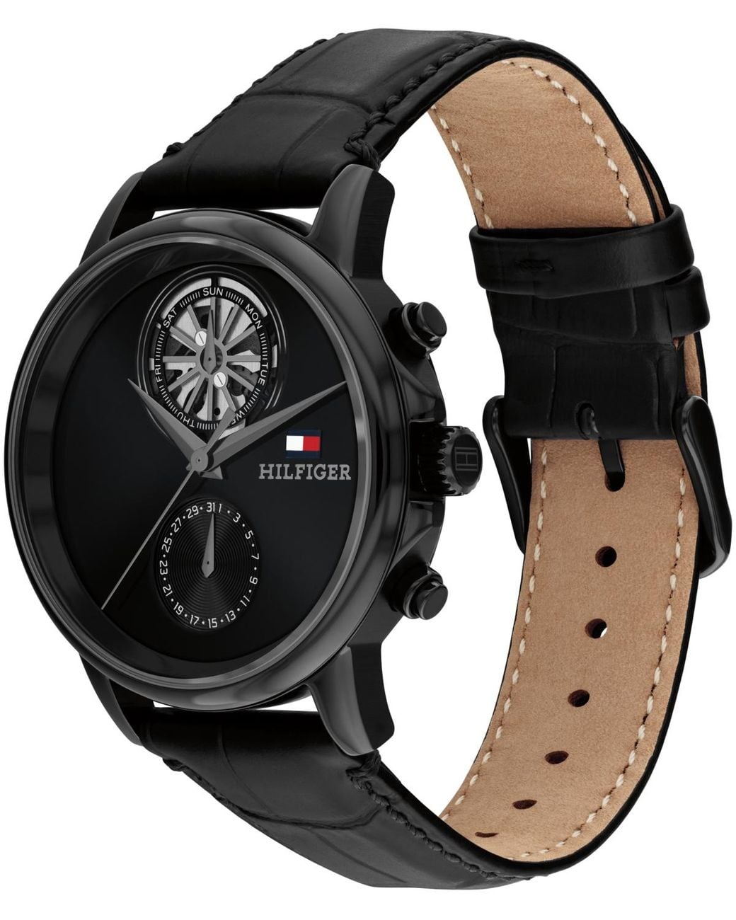 Tommy Hilfiger Black Multifunction Leather Strap Watch for men