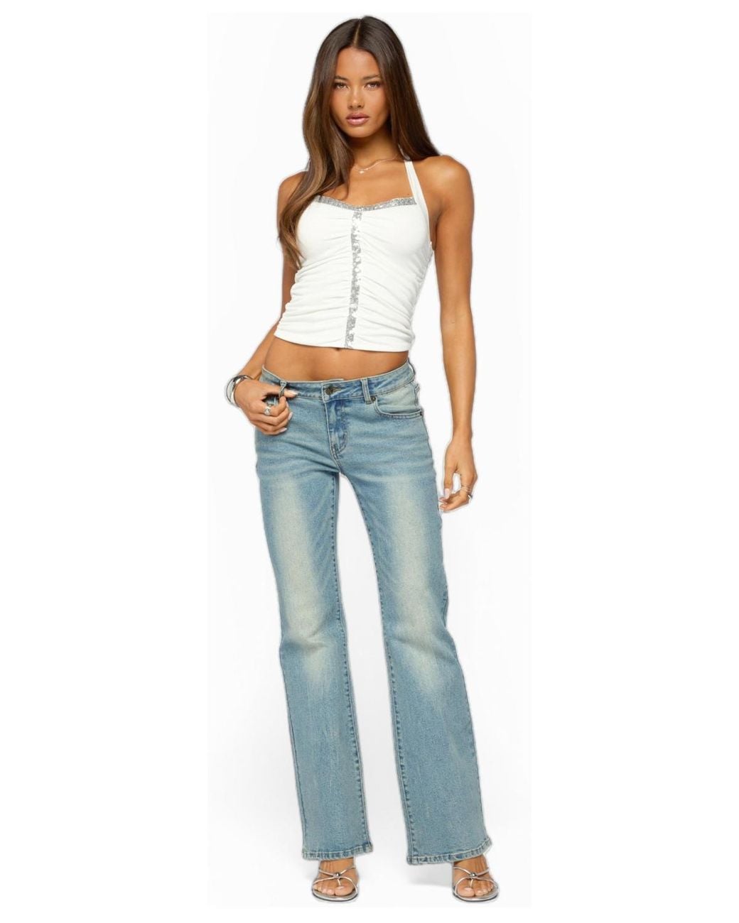 Edikted White Mook Ruched Sequin Halter Top