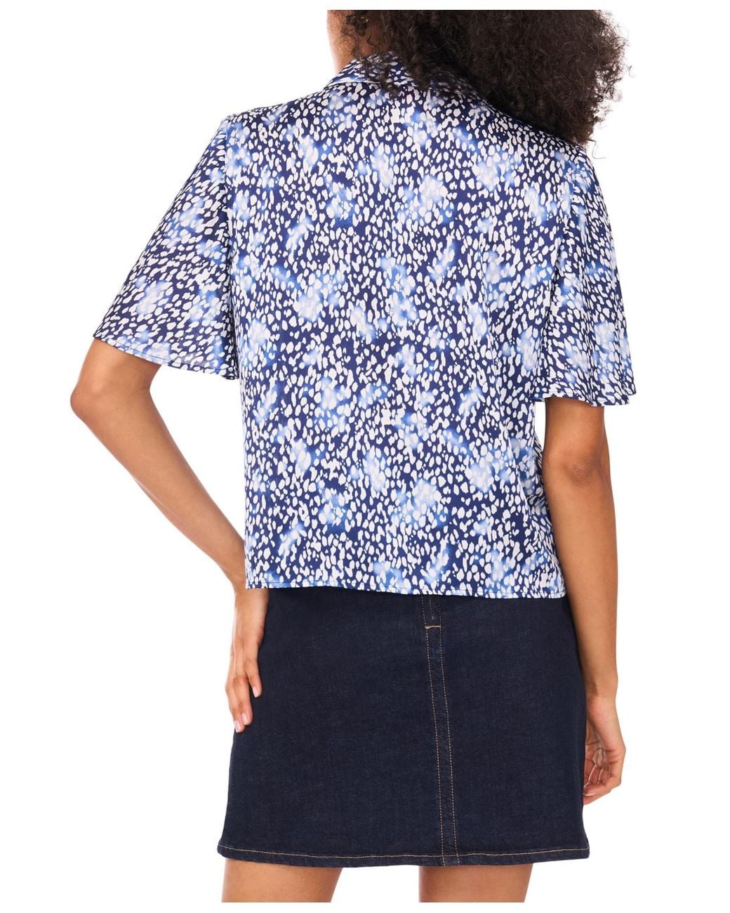 Vince Camuto Blue Printed Flutter-sleeve Button Blouse