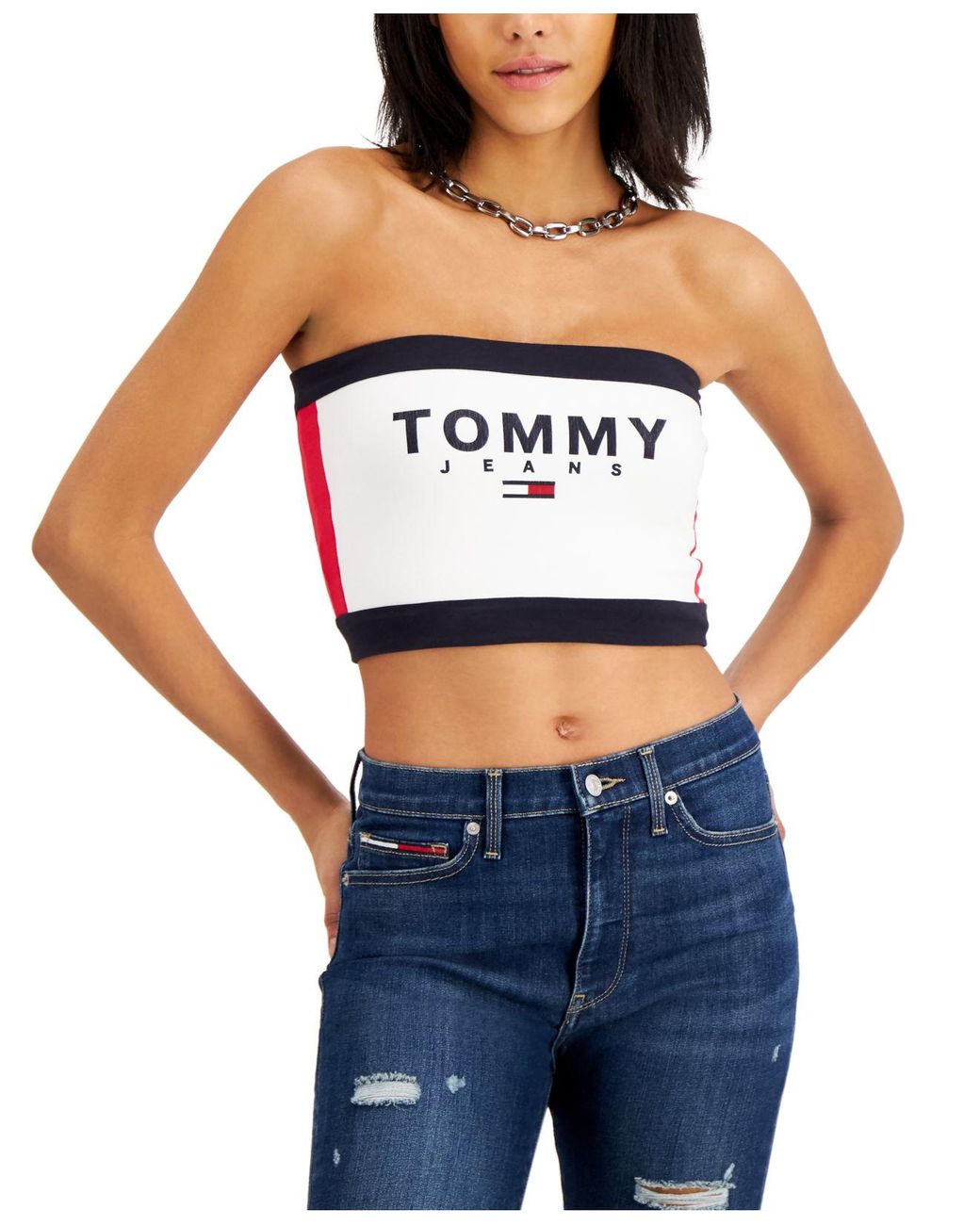 råd Sløset Forkæl dig Tommy Hilfiger Bandeau Crop Top in Blue | Lyst