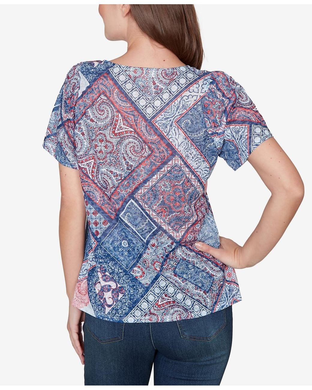 Ruby Rd Blue Petite Patchwork Shirred Scoop Neck T-shirt
