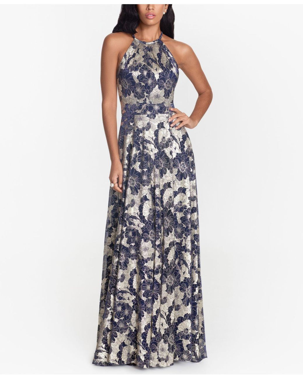 Betsy & Adam Synthetic Metallic Floral Halter Gown | Lyst