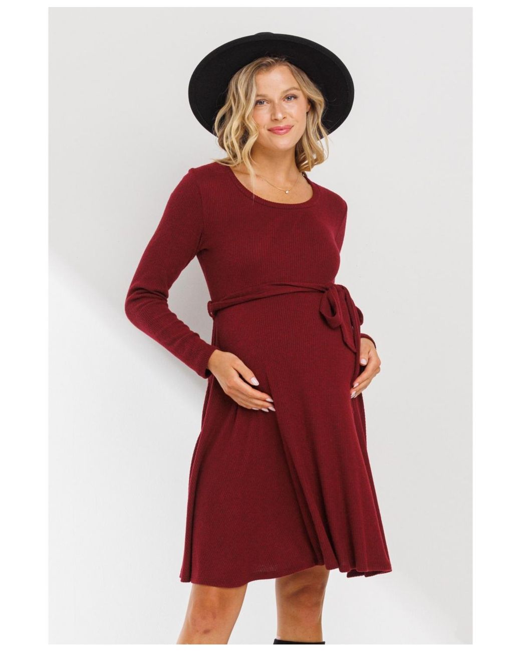 Hello Miss Maternity Rib Knit Empire Waist Long Sleeve Knee-length Dress in  Red | Lyst