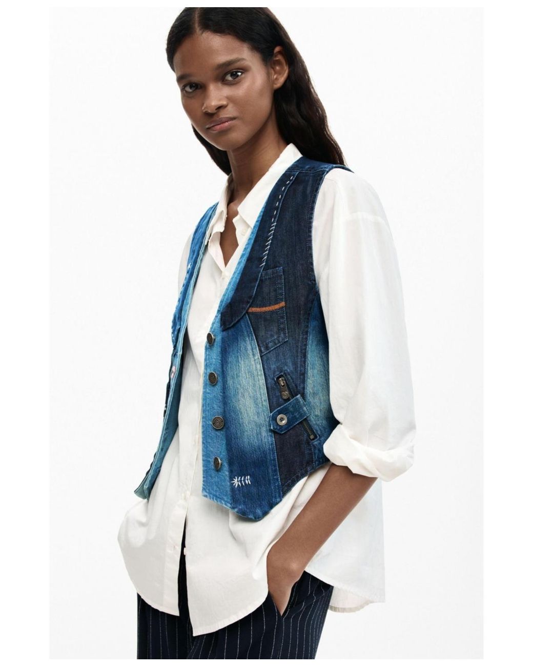 Desigual Blue Patchwork Denim Vest