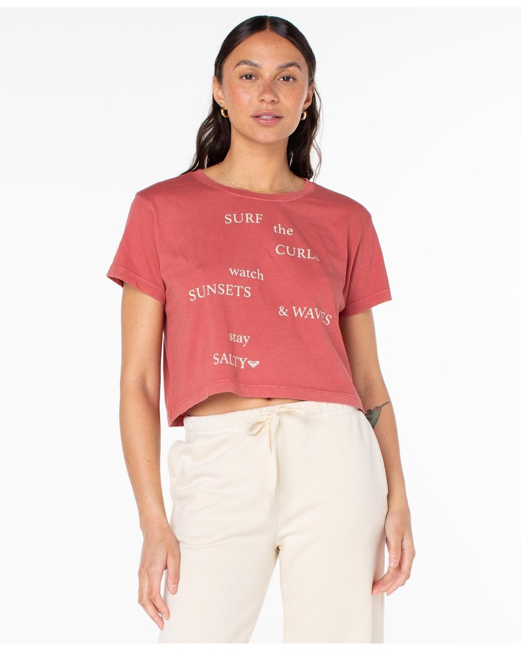 Roxy Surf Poem Cropped Boxy Short-sleeve T-shirt in Red | Lyst