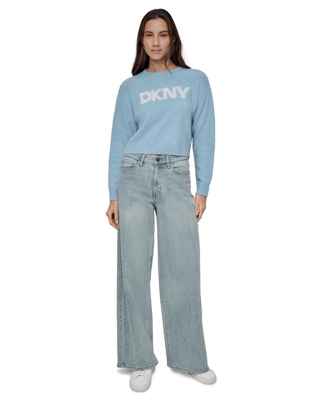 売れ筋商品|||ダナキャランニューヨーク ニット&セーター アウター レディース Women's Tinsel Logo Boucle Sweater J1L - FSTV PK/GOLD DKNY Tinsel Logo Boucle Sweater in Blue | Lyst
