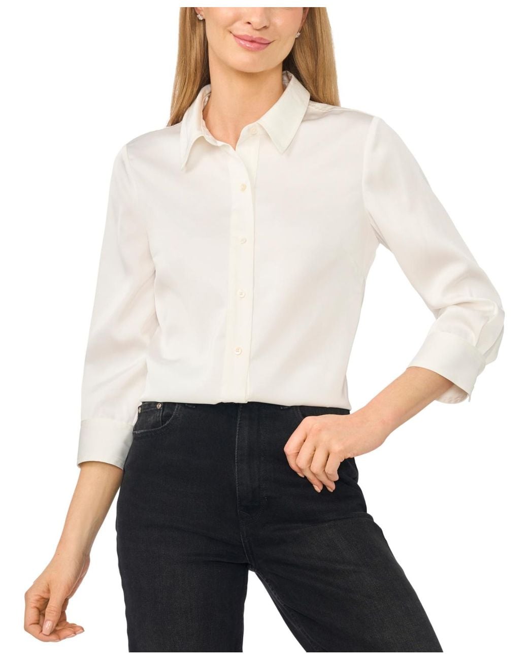 Cece White 3/4-sleeve Satin Button-down Blouse