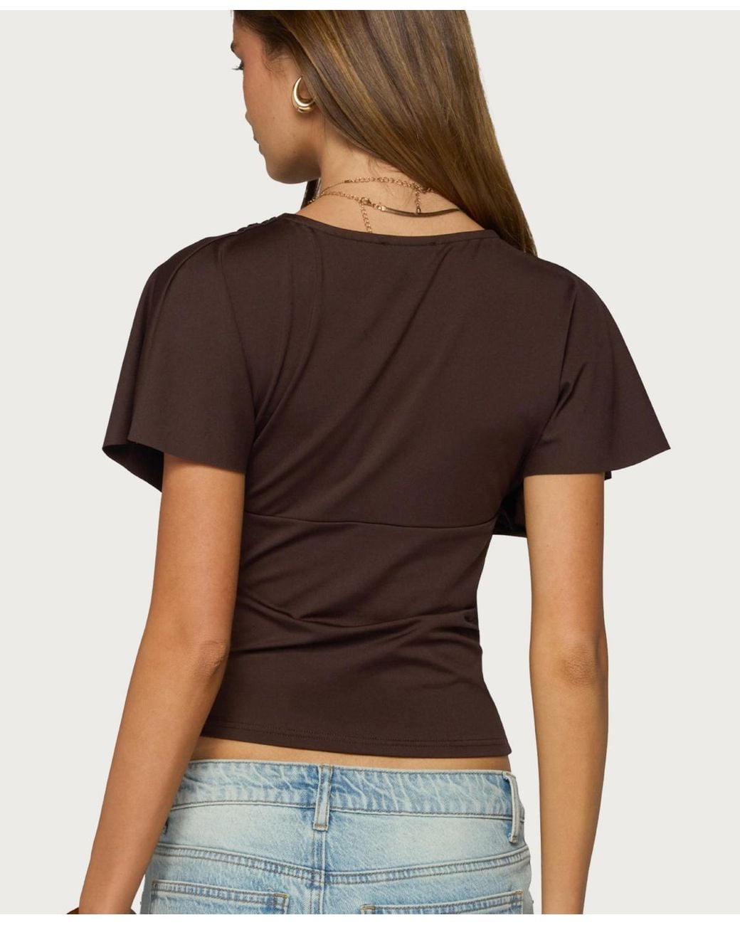 Edikted Brown Flutter Plunging V Neck Top