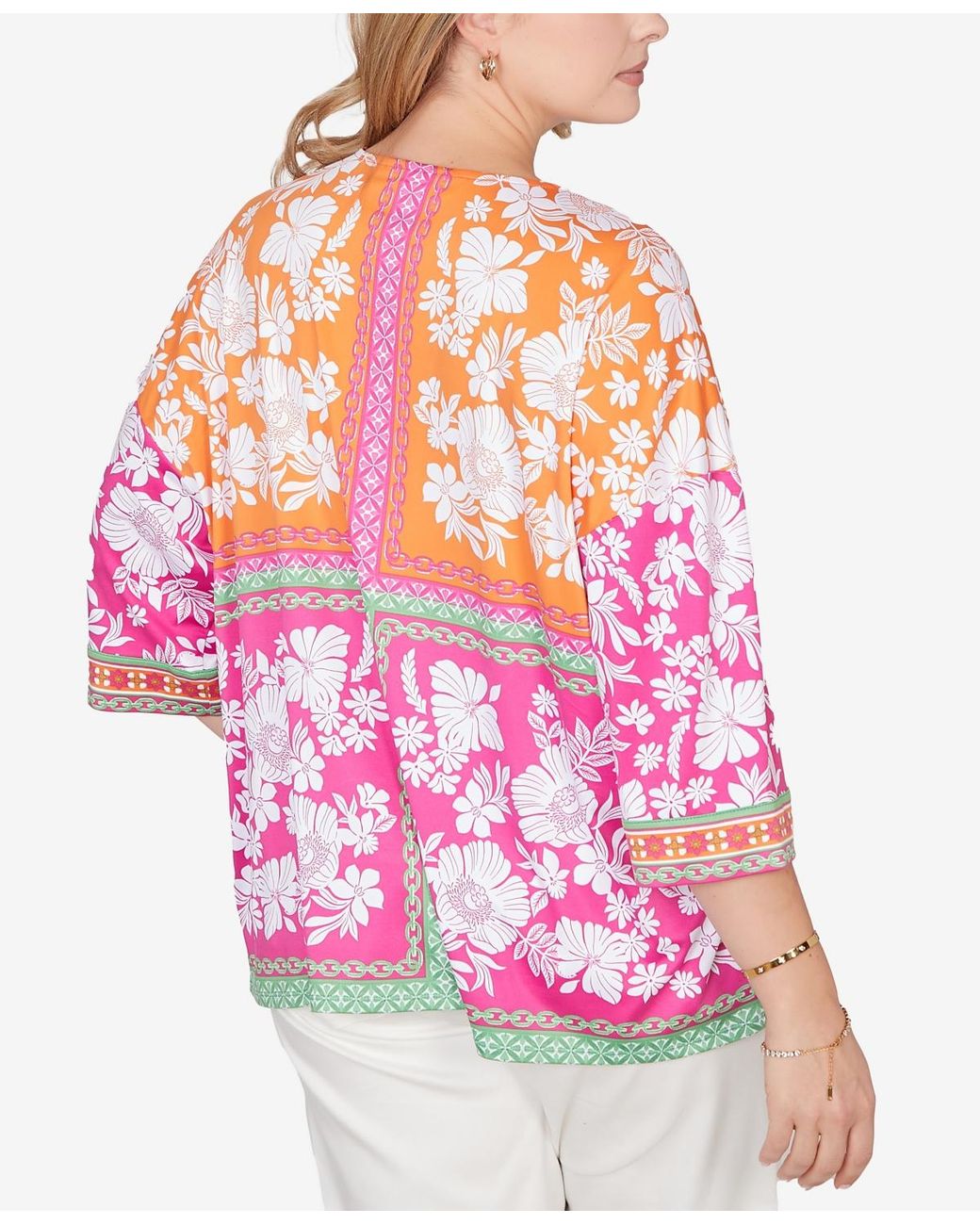 Ruby Rd Pink Plus Size Embroidered Placket Patchwork Knit Top