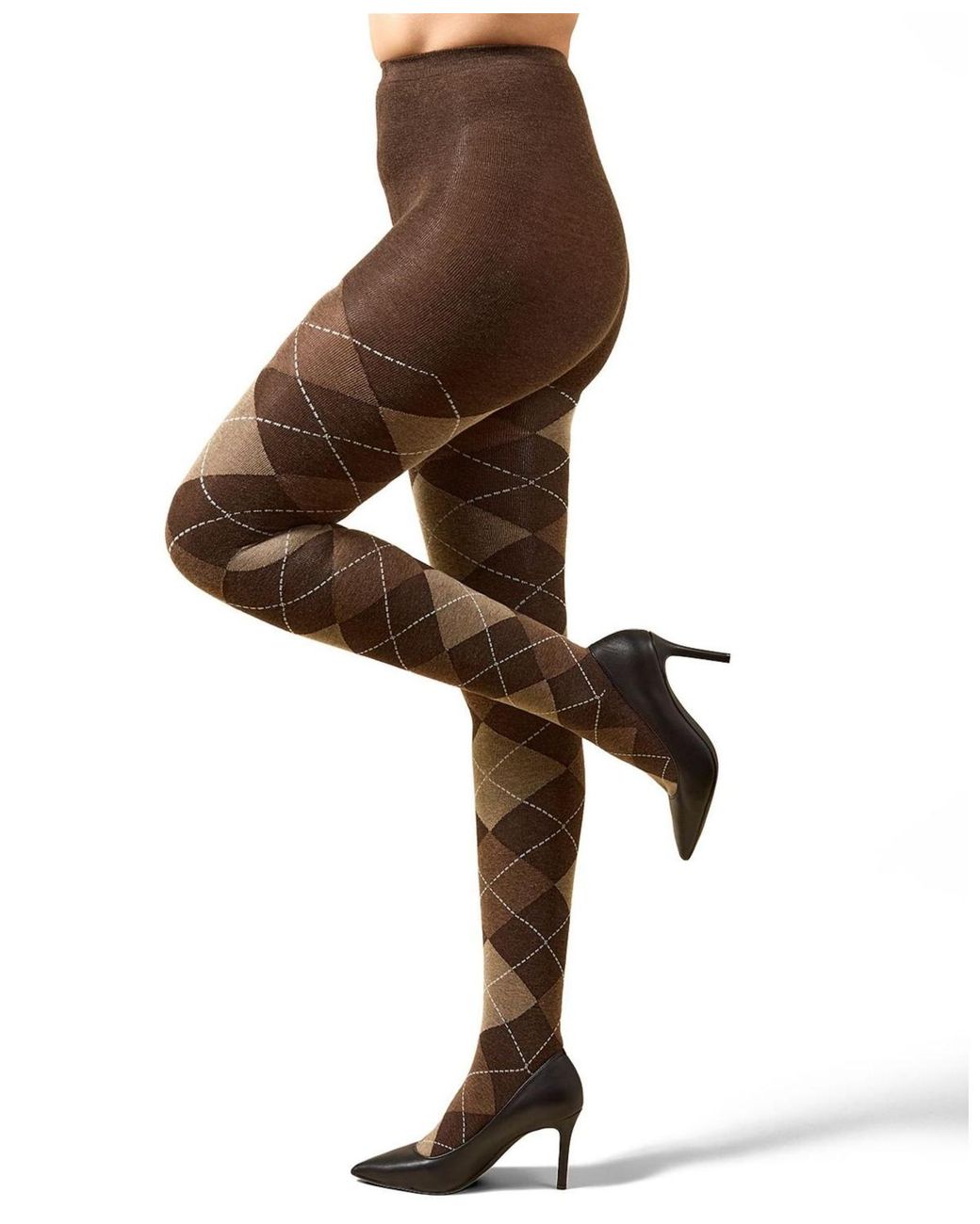 Memoi Brown Textured Argyle Patterned Sweater Tights