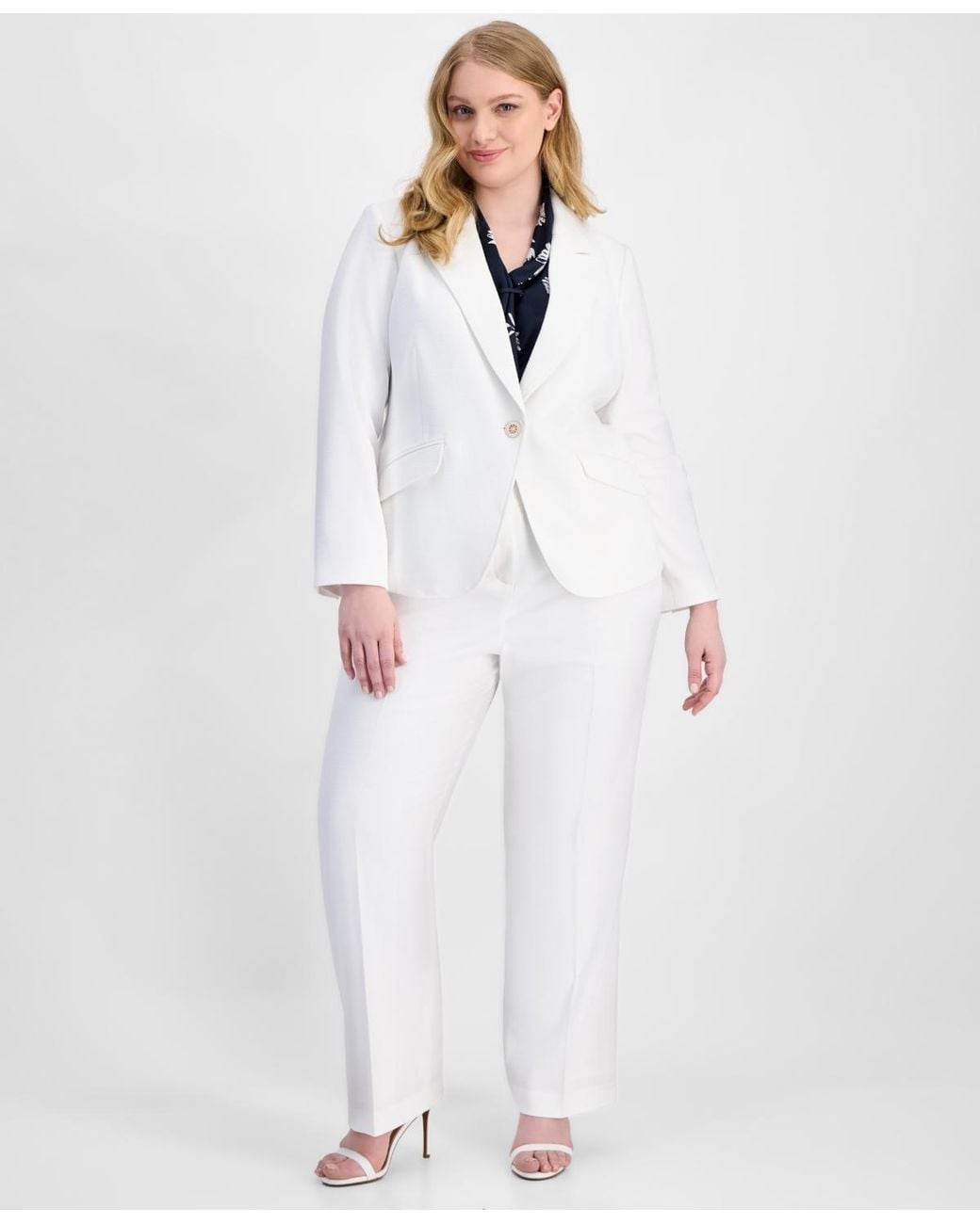 Tahari White Asl Plus Size Stretch Boucle One-button Blazer