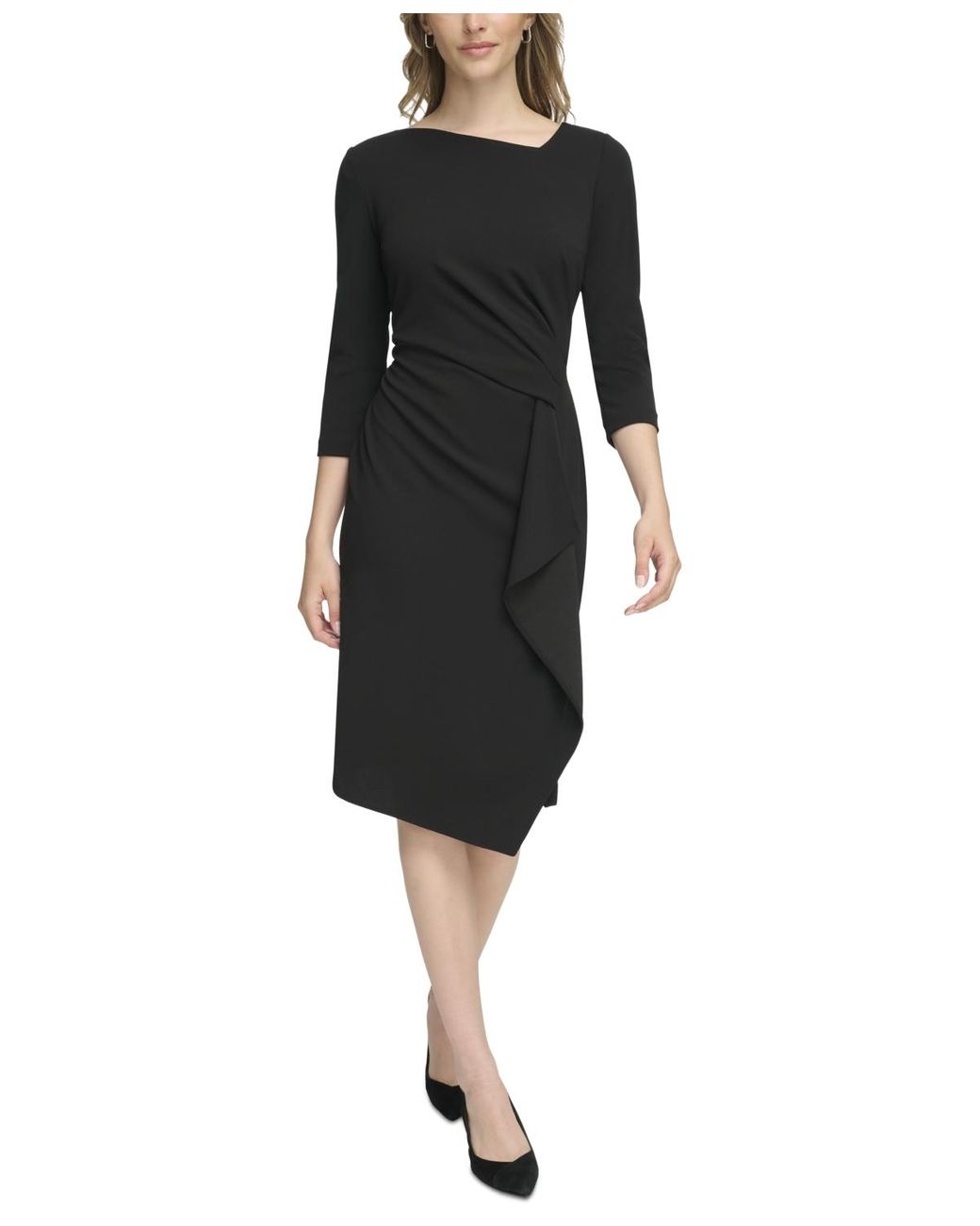 Calvin Klein 3/4-sleeve Asymmetric Sheath Dress in Black | Lyst