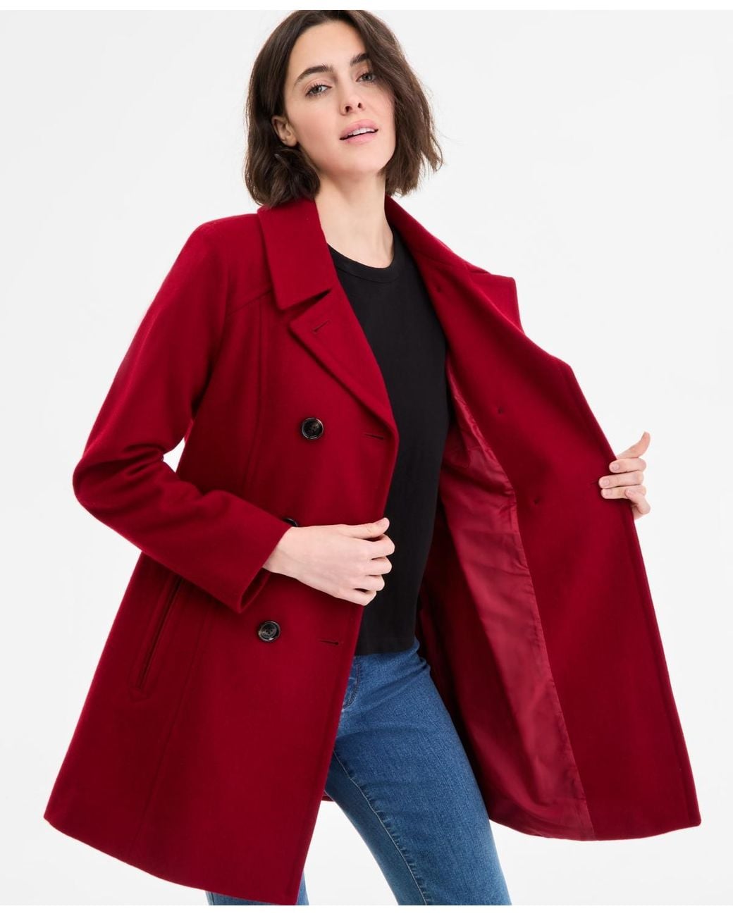 Anne Klein Double-breasted Peacoat in Red | Lyst
