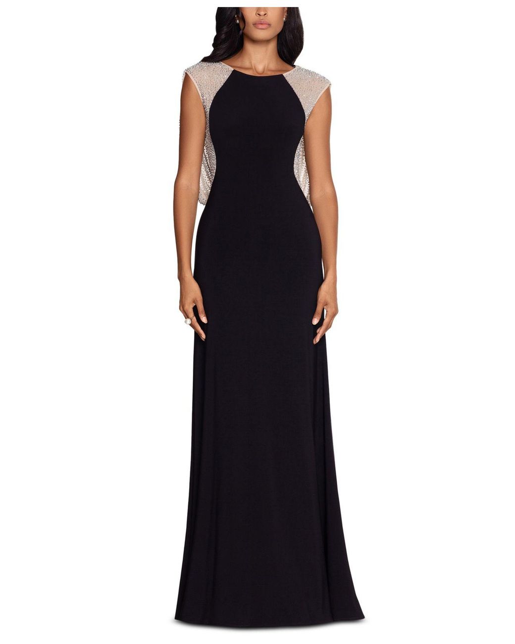 Xscape Beaded Illusion Mesh & Jersey Gown In Navy Nude Silver | ModeSens