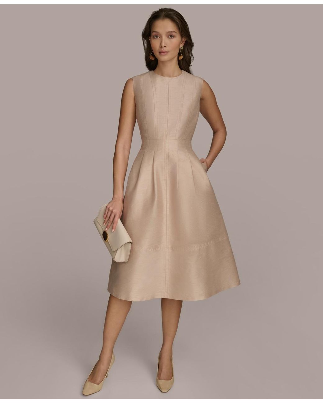 【Donna Karan New York】V-Neck Sleeveless A-Line Dress Donna Karan V-Neck Sleeveless Abstract Floral Print Midi