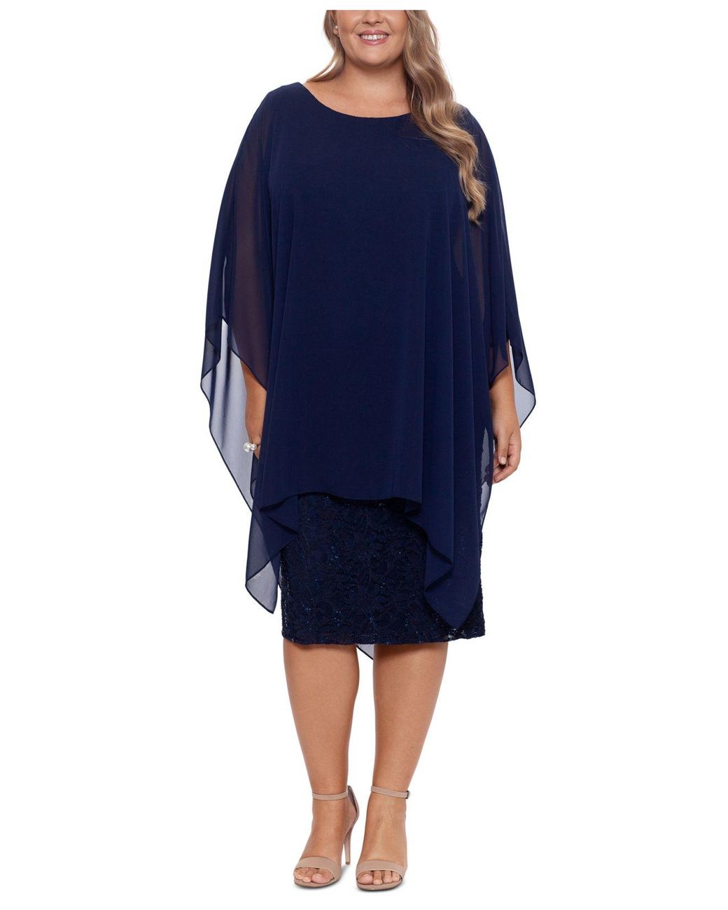 Betsy & Adam Plus Size Chiffon-overlay Sequin Lace Dress in Navy (Blue) |  Lyst