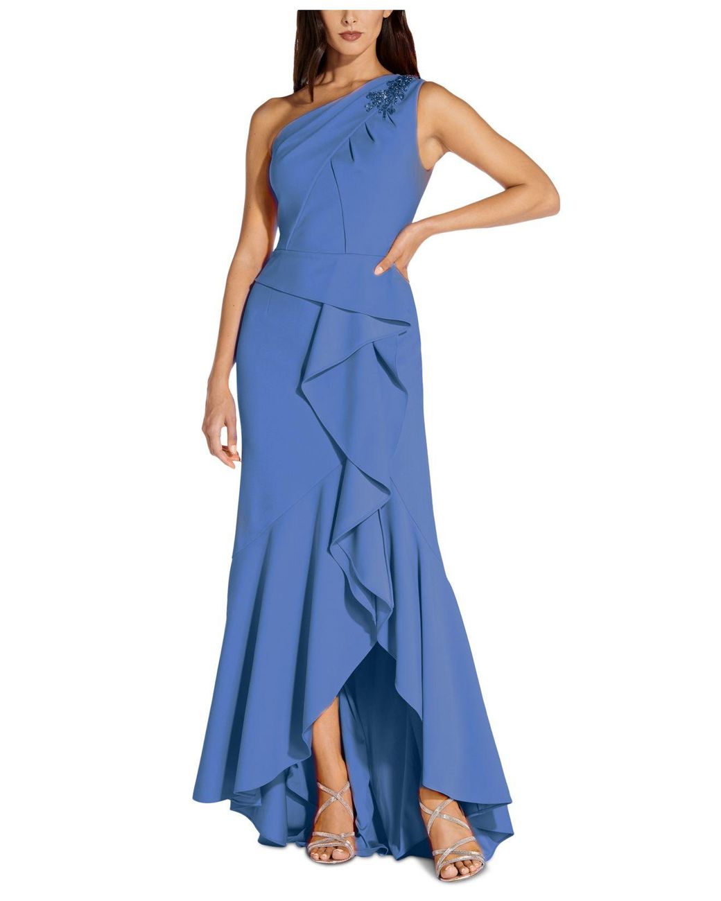 Adrianna Papell One-shoulder Beaded Ruffled Gown in Blue | Lyst