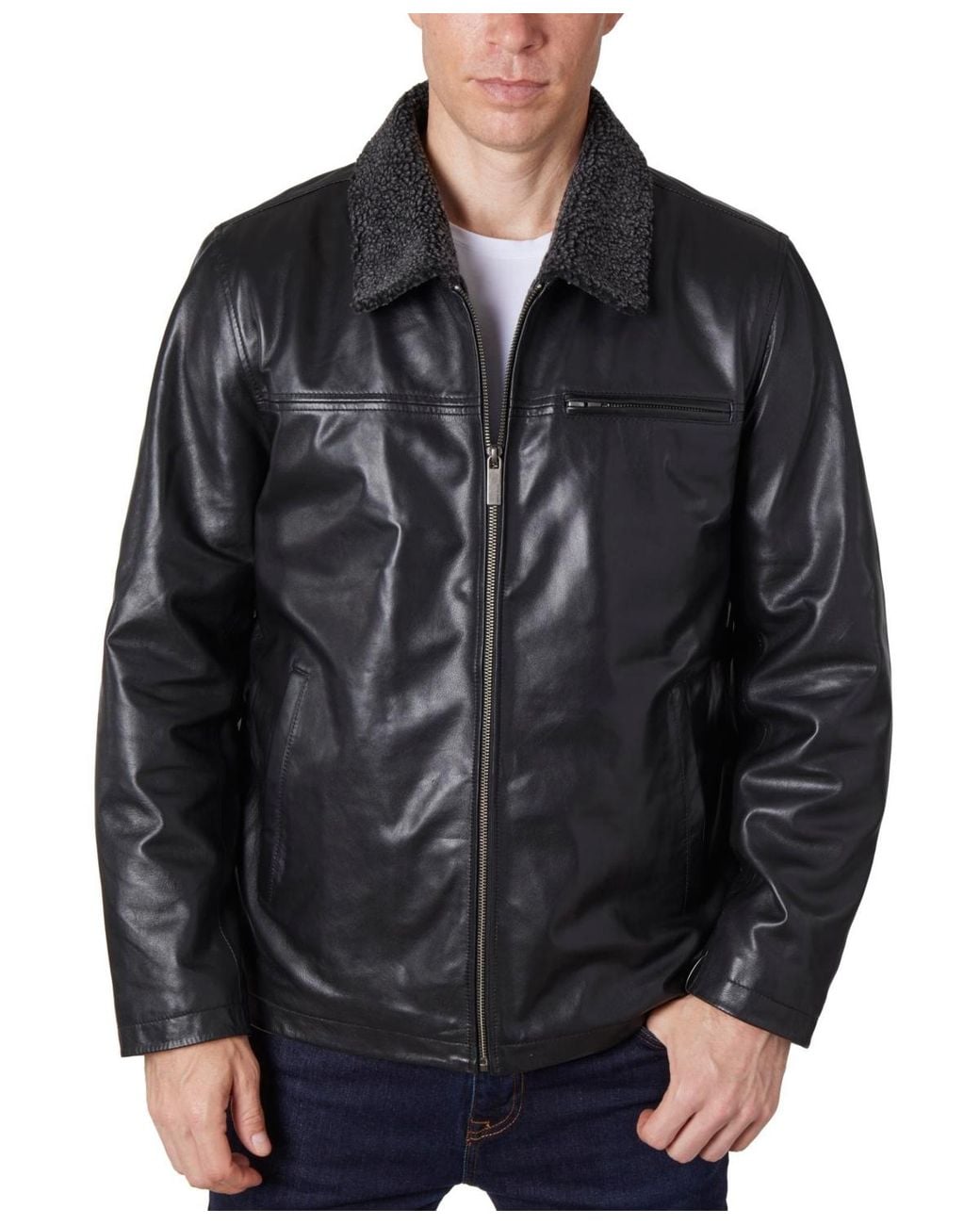 Perry Ellis Black Zipper Leather Jacket for men