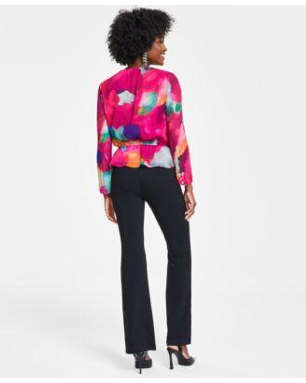 INC International Concepts Petite Pleated Sleeve Peplum Blouse High Rise  Flare Pants Created For Macys in Red