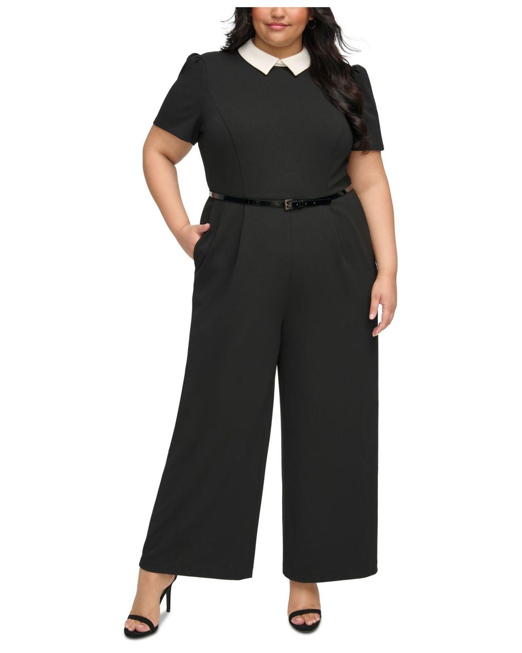 Tommy Hilfiger Plus Size Contrastcollar Belted Jumpsuit in Black Lyst