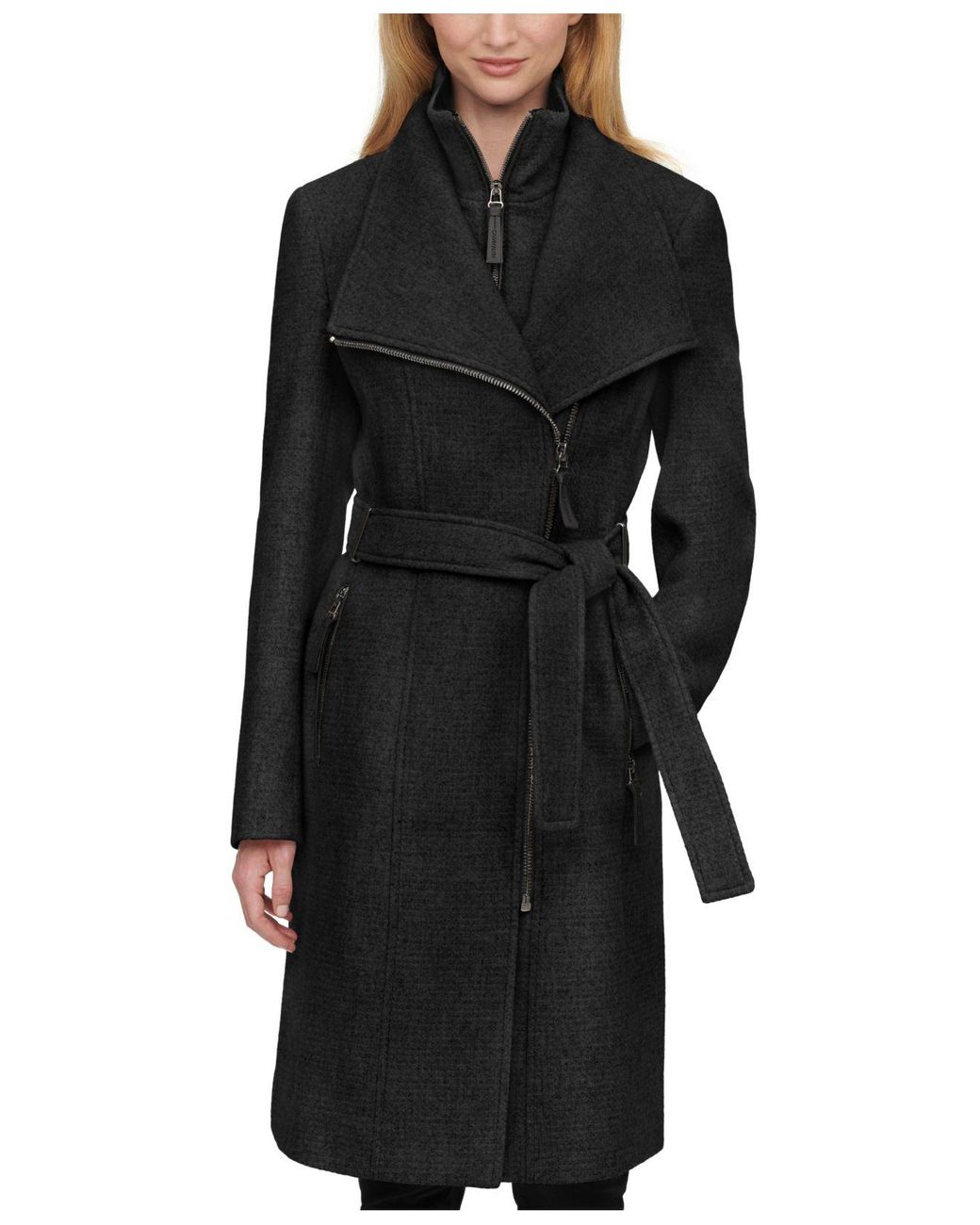 Calvin Klein Wool Faux-leather Trim Belted Wrap Coat, Created For Macy ...