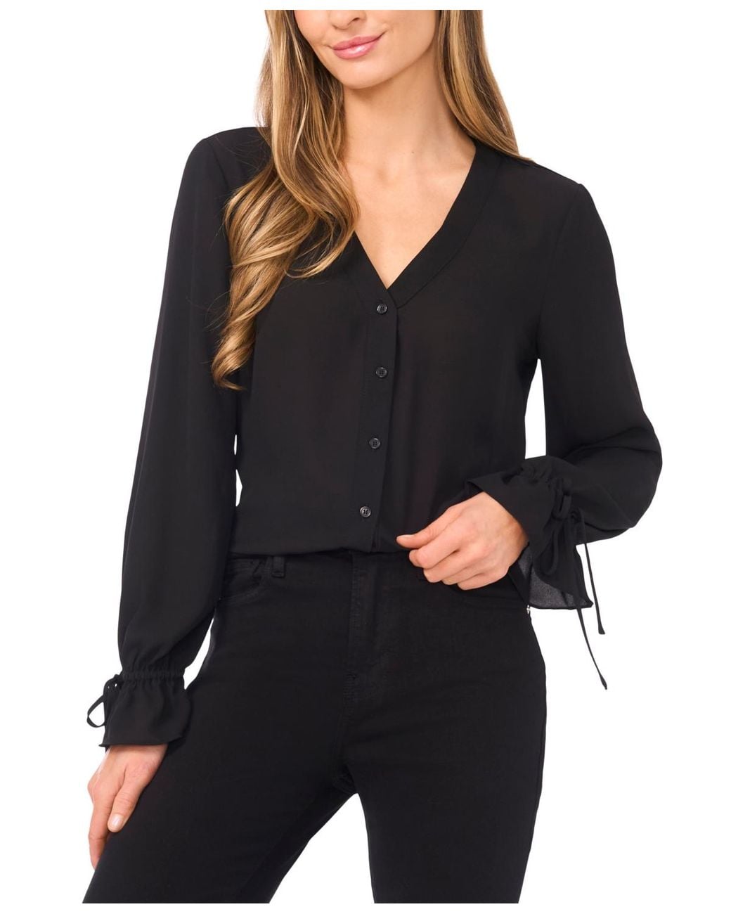 Cece Black V-neck Button Down Lace Flounce Trim Top