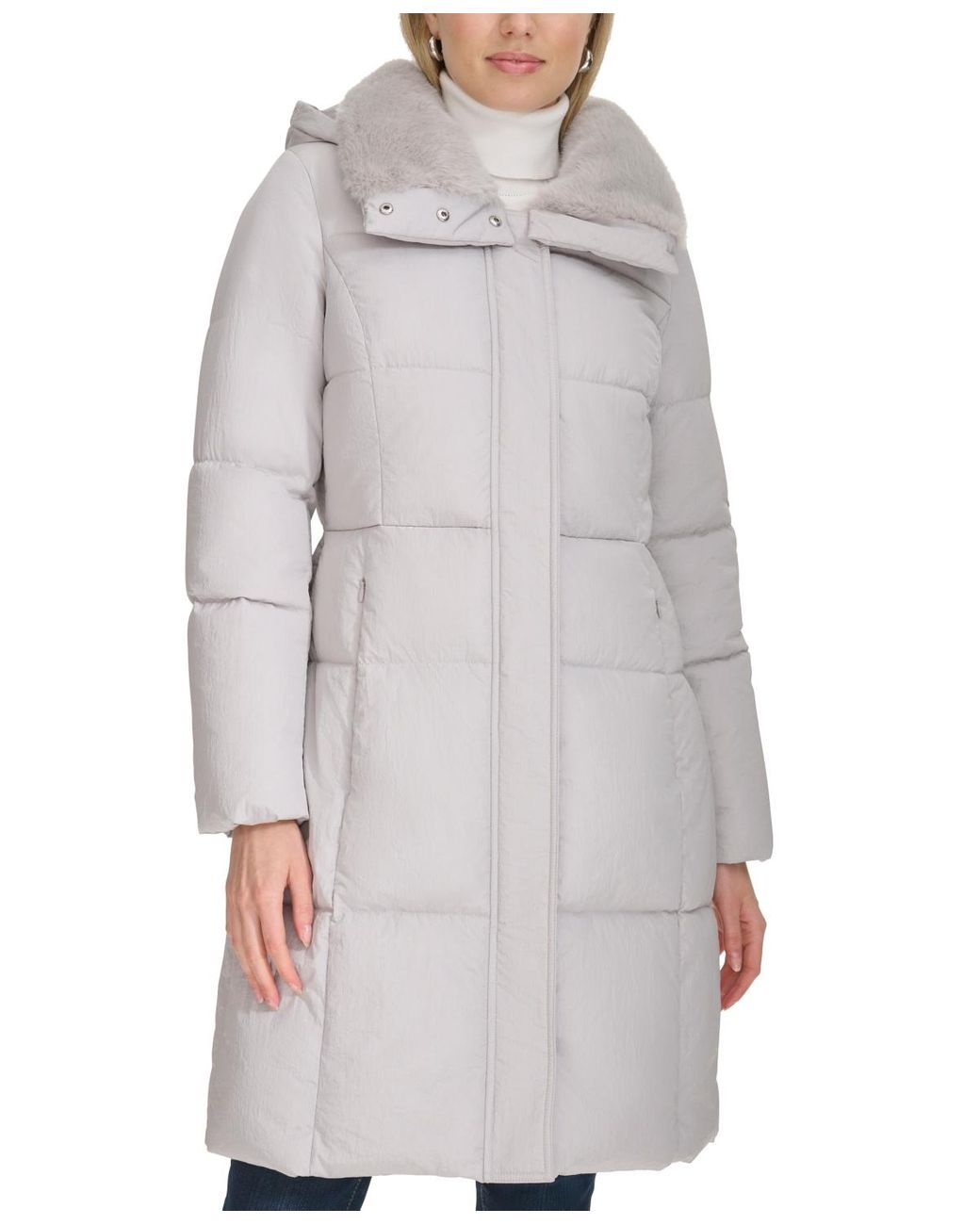 Cole Haan Shine Faux fur collar Hooded Puffer Coat in Gray Lyst