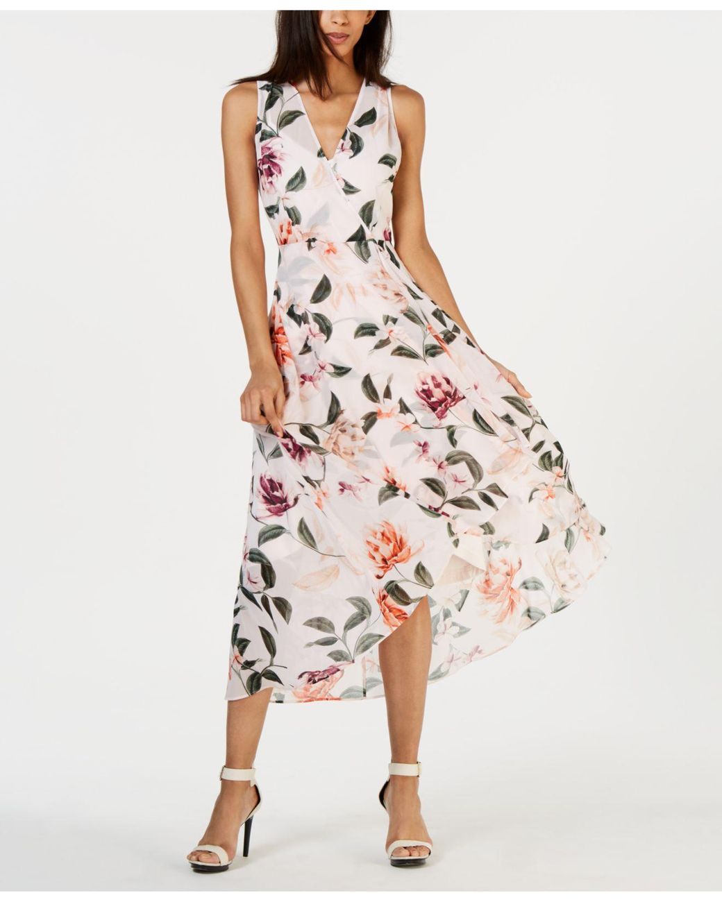 Calvin Klein Floral-print High-low Wrap Maxi Dress in Pink | Lyst