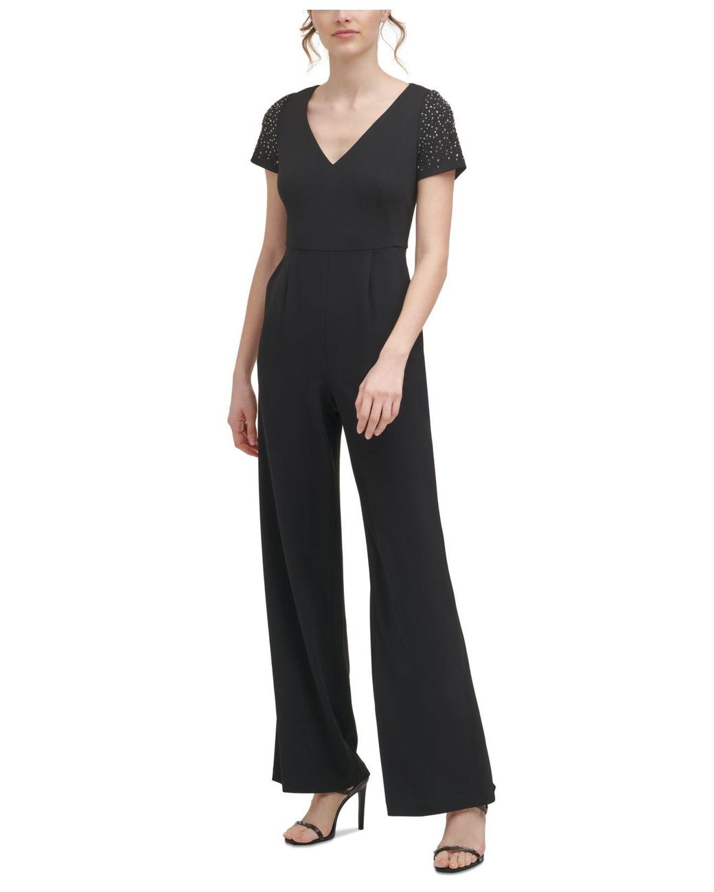Calvin Klein Synthetic Beaded-sleeve Jumpsuit in Black - Lyst