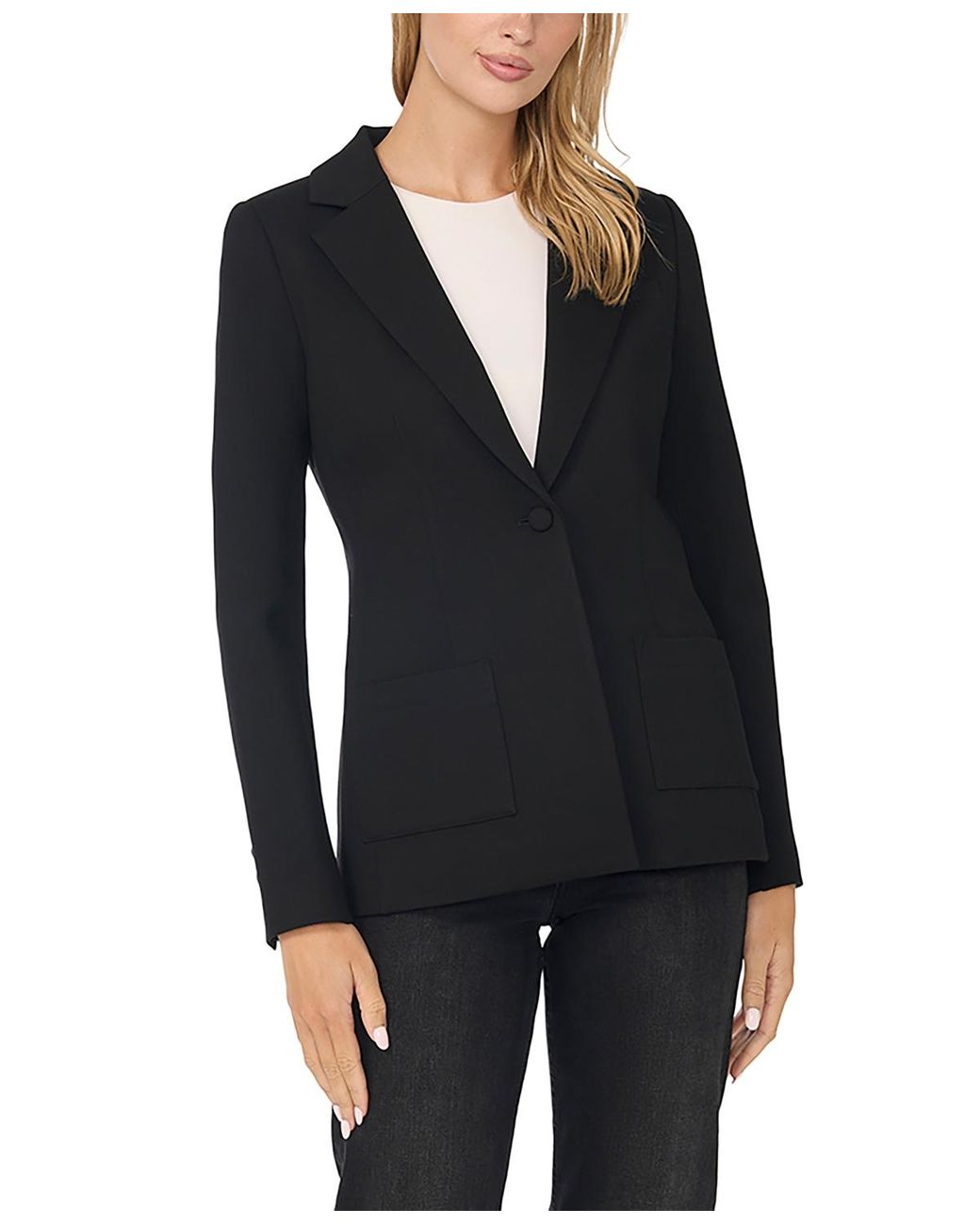 Cece Black Stretch Single-breasted Blazer With Patch Pockets
