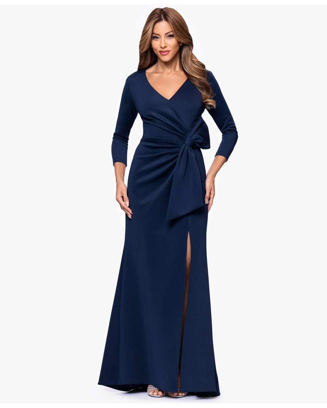 knee length dresses for ladies Xscape Off Shoulder Long Sleeve Velvet Evening Gown 5809X main image 1